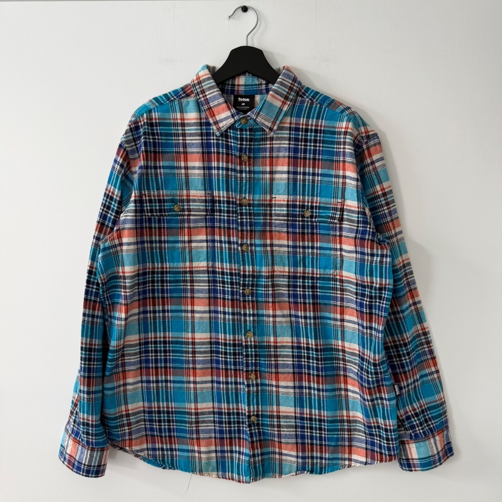 Teton Gravity Research Mens XL Plaid Flannel Shirt Blue Orange Cotton Button Up